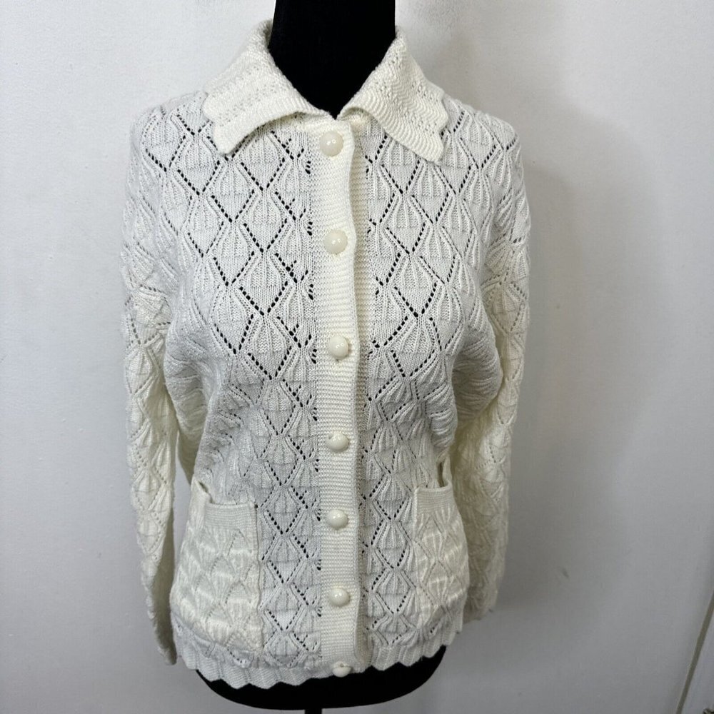 Vintage Woodwards Woman L Acrylic 70s Cardigan Sweater Knit‎ White
